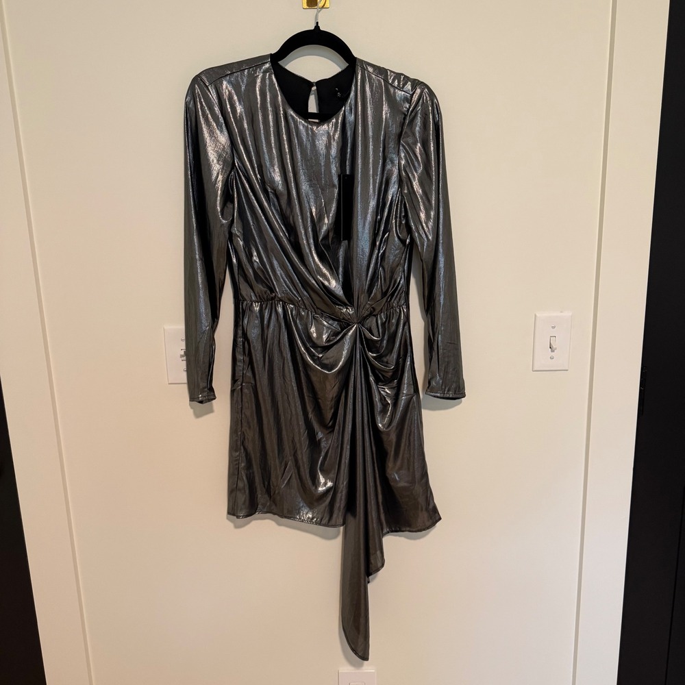 Krisa Metallic Silver Long Sleeve Draped Mini Dress Size S New With Tags